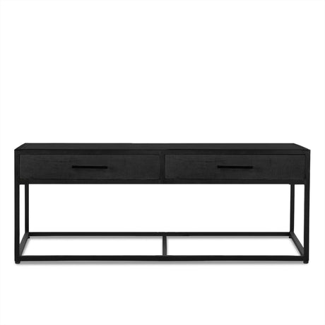 Salontafel van zwart mangohout met visgraatpatroon en staal, 120 x 60 cm, met 2 laden