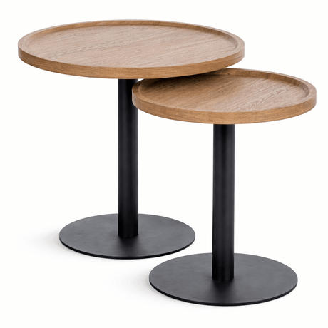 Set van twee bijzettafels met houten blad en zwart metalen frame