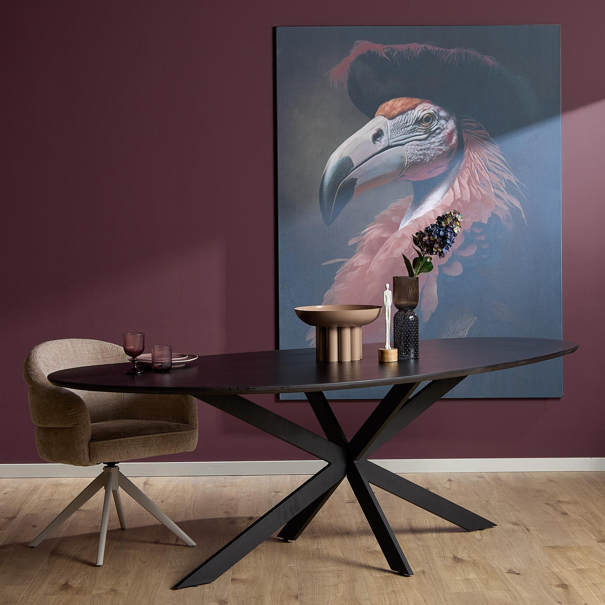 Organische Eettafel - Zwart Europees Eikenhout - 240 cm - Stalen Matrixpoot