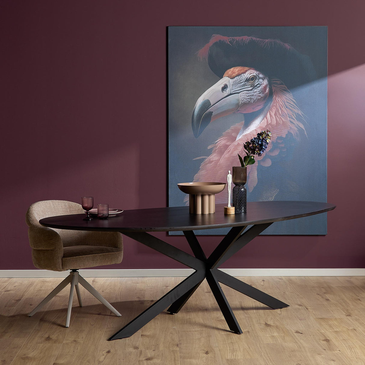 Organische Eettafel - Zwart Europees Eikenhout - 180 cm - Stalen Matrixpoot