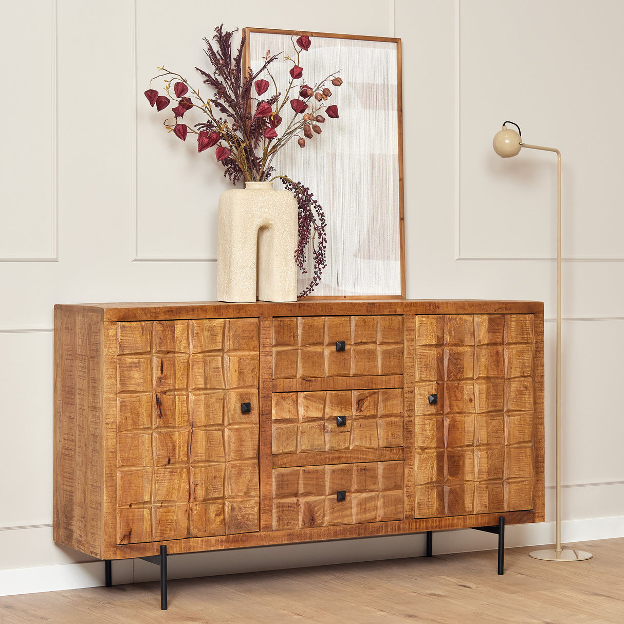 Dressoir - Naturel - Mangohout - Blokpatroon - 160 cm