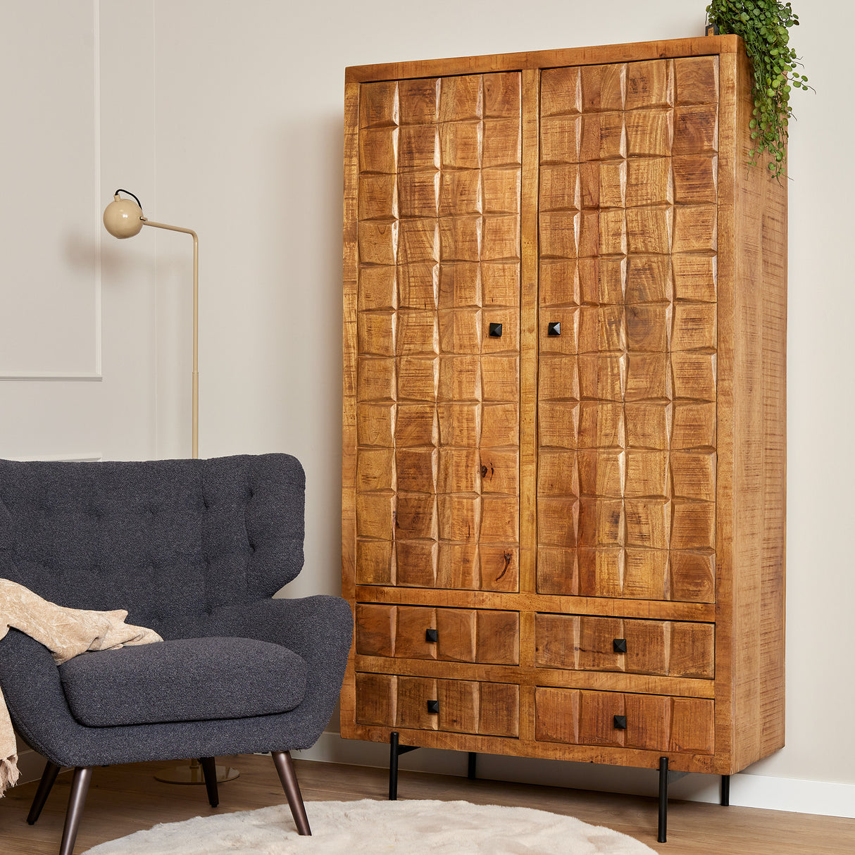 Kabinet Naturel Mangohout - 100 cm - Uniek Blokkenpatroon en Vier Lades