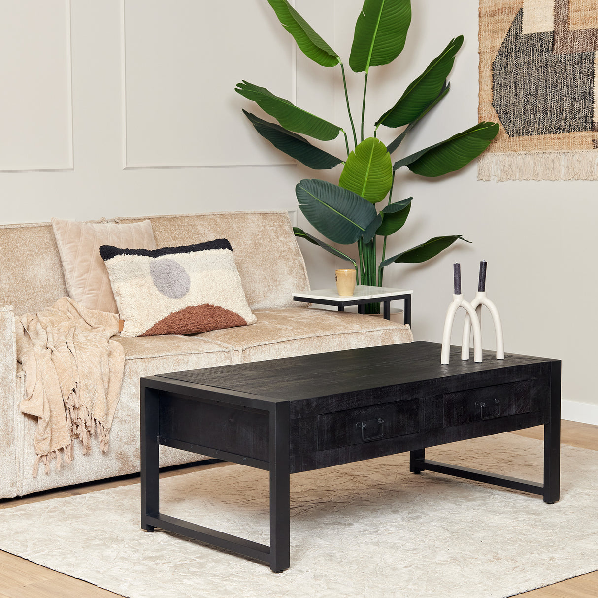 Salontafel - Zwart - Mangohout - Metaal - met 2 Lades - 120 cm