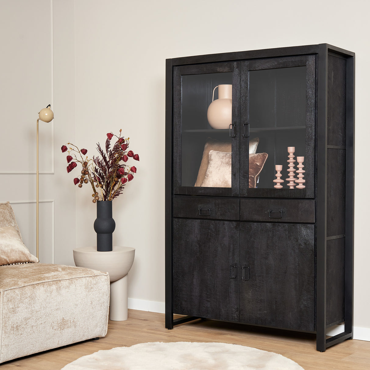 Vitrinekast - Zwart - Mangohout - 115 cm