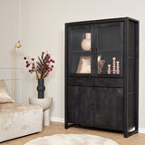 Vitrinekast - Zwart - Mangohout - 115 cm