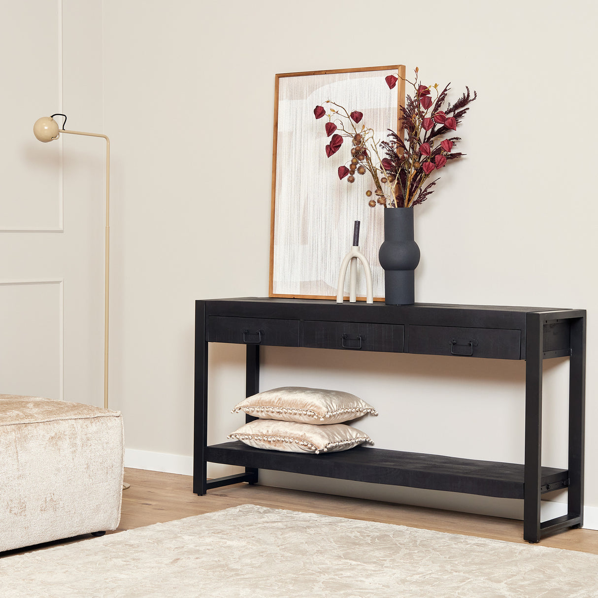 Sidetable - Zwart - Mangohout - Metaal - 150 cm - 3 Lades
