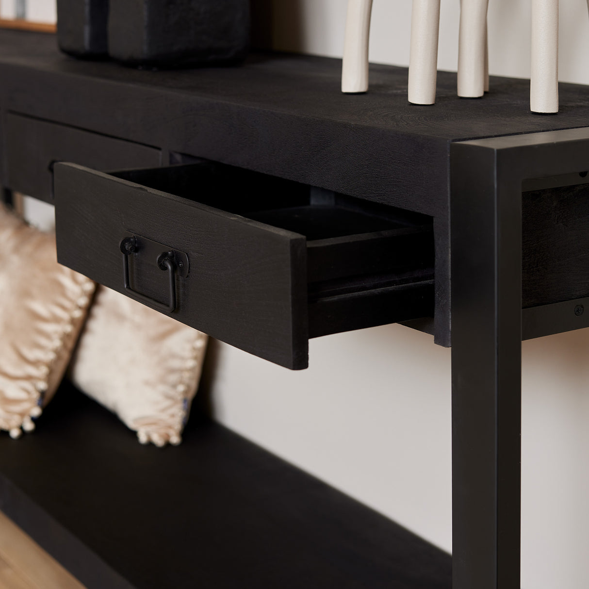Sidetable - Zwart - Mangohout - Metaal - 180 cm - 4 Lades