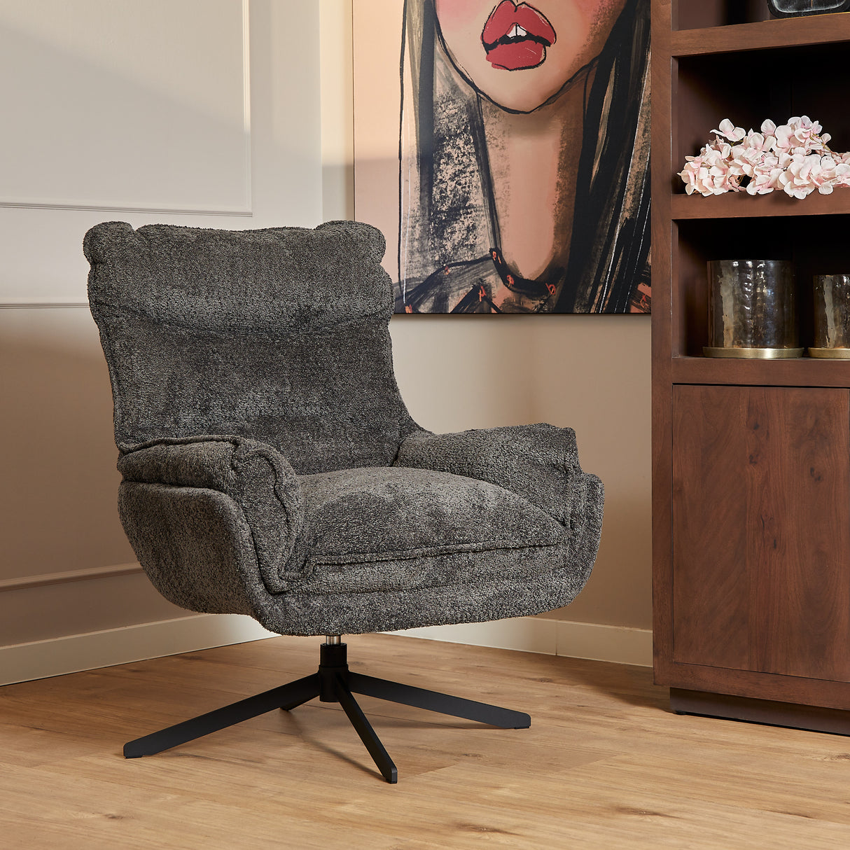 Fauteuil - Donkergrijs - Polyester - Metaal - Draaibaar