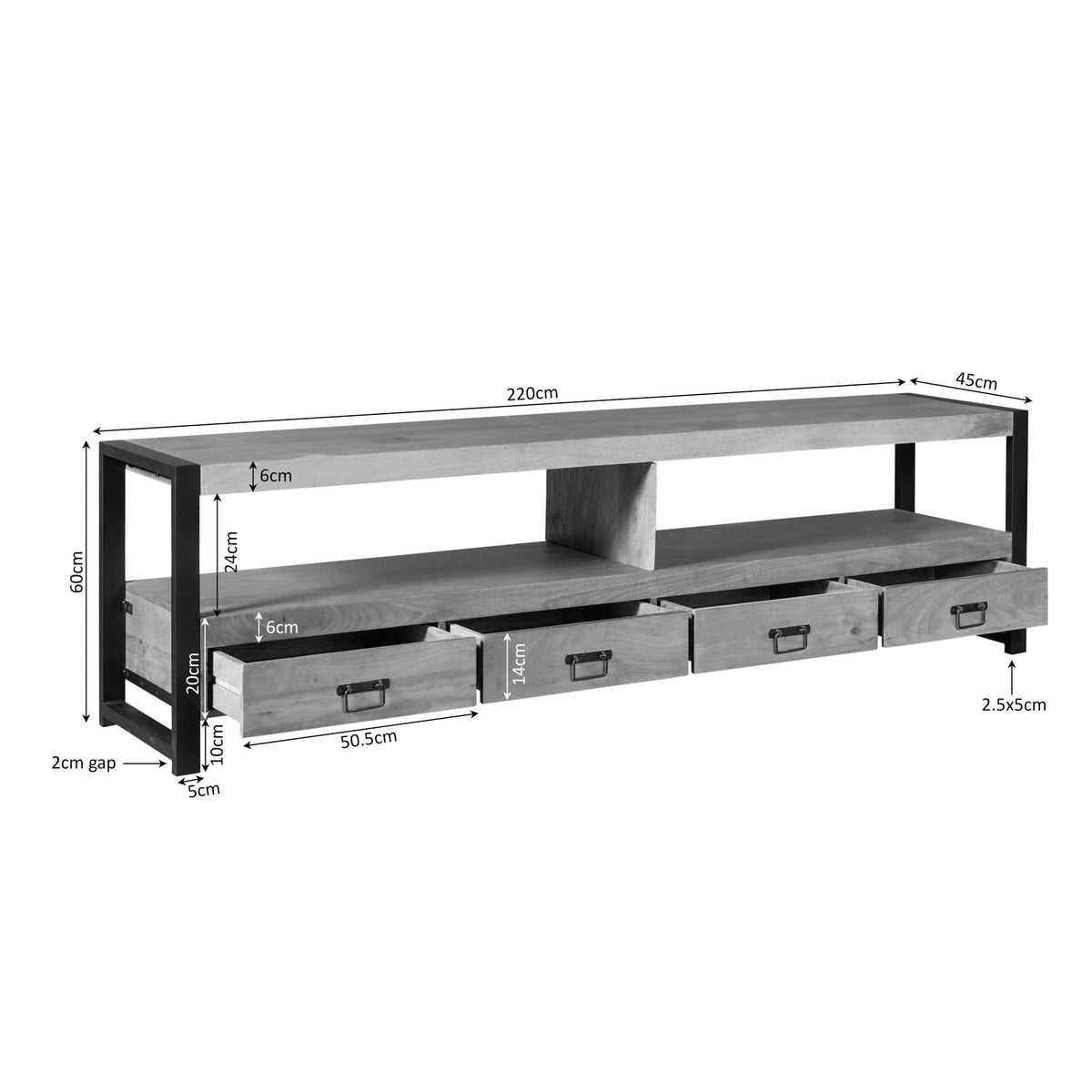 TV-meubel - Mangohout met Inlegwerk - 220 cm - 4 Lades & Open Vak