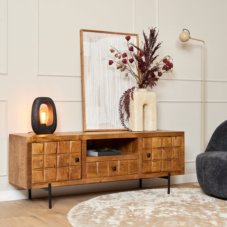 Naturel tv-meubel van mangohout, 150 cm breed, met blokpatroon