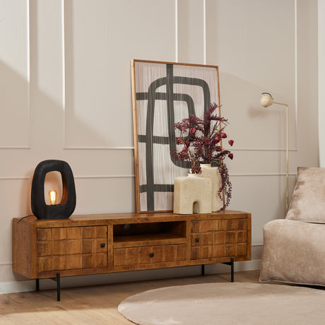 Naturel tv-meubel van mangohout, 180 cm breed, met blokpatroon