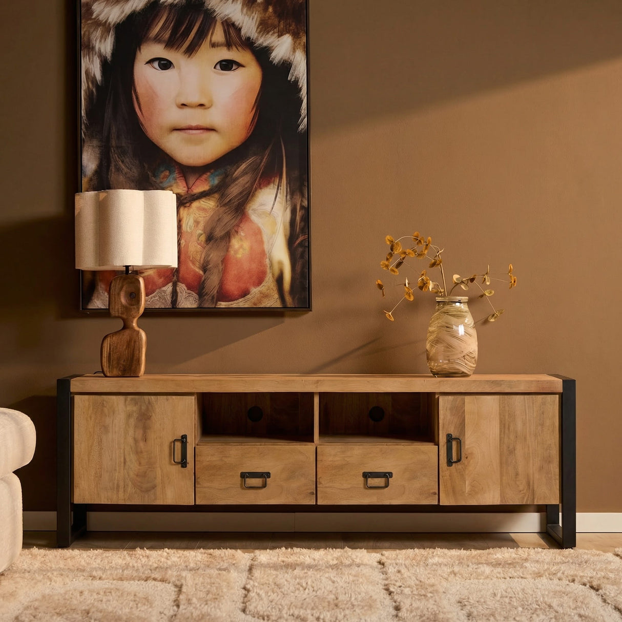 Tv-meubel - Naturel Mangohout - 200x45 cm - 2 Deuren, 2 Laden & Open Vak Entertainment Centers & TV Stands Starfurn