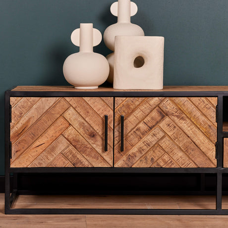 Naturel tv-meubel van mangohout, 240 cm breed, met visgraatpatroon, 2 deuren en 1 lade, foto 2
