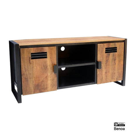 Naturel tv-meubel van mangohout en zwart staal, 150 cm breed, met 2 deuren met raster