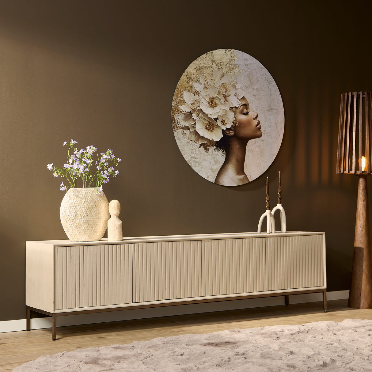 Tv-meubel - Zand Mangohout met Lattenpatroon - 210x45 cm - 4 Deuren Entertainment Centers & TV Stands Starfurn