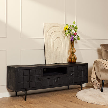 Zwart mangohouten tv-meubel met blokpatroon, 180 cm breed