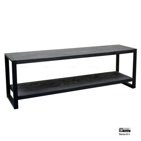Zwart tv-meubel van mangohout en staal, 180 cm breed, open design