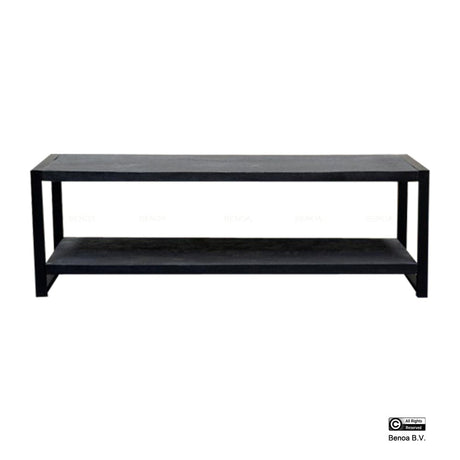 Zwart tv-meubel van mangohout en staal, 180 cm breed, open design, foto 2