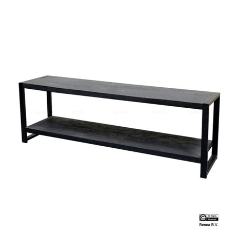 Zwart tv-meubel van mangohout en staal, 180 cm breed, open design, foto 3