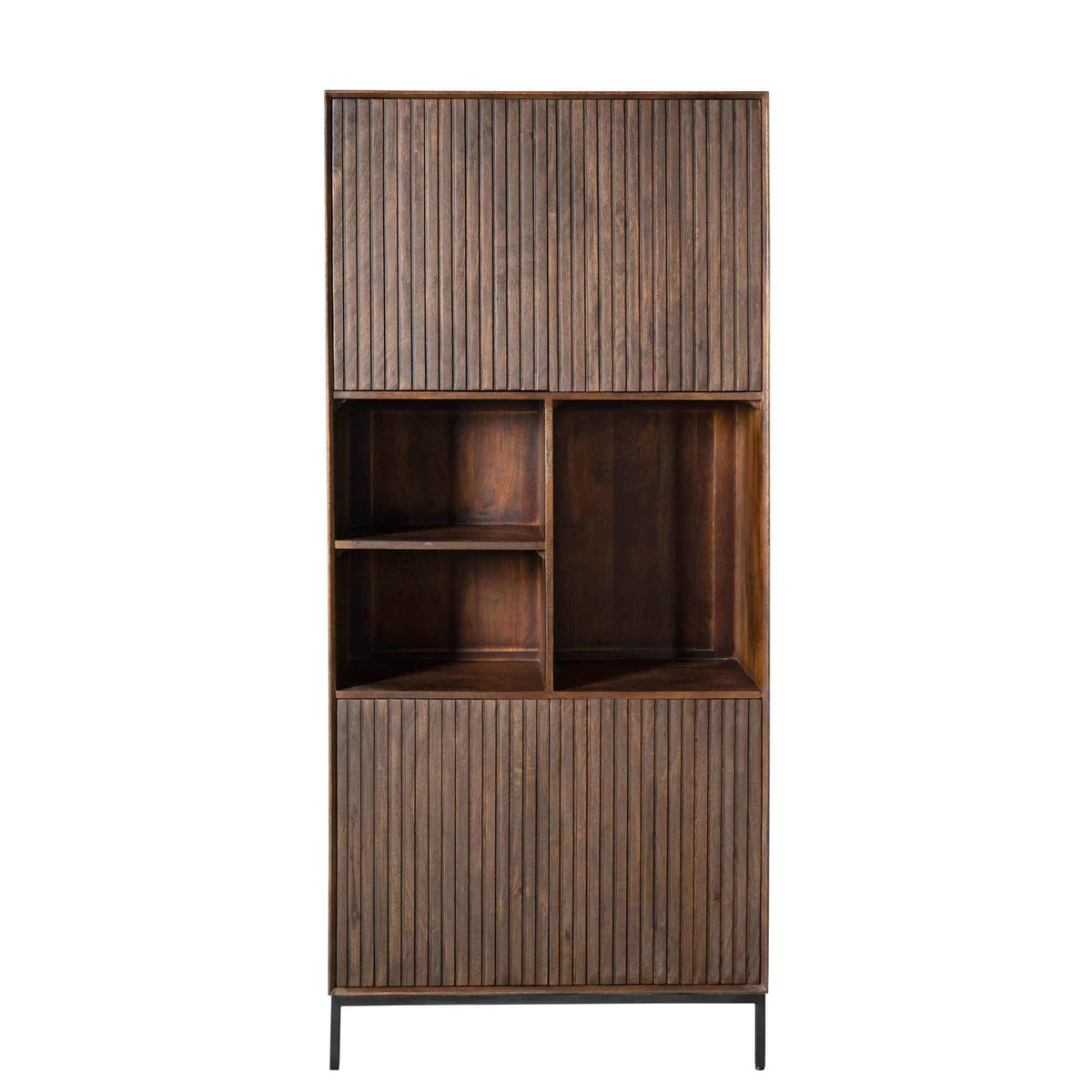 Vakkenkast - Bruin Mangohout - 90 cm - Verticaal Lattenpatroon - 2 Deuren & 3 Open Vakken Tall Display Cabinets Starfurn