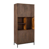 Vakkenkast - Bruin Mangohout - 90 cm - Verticaal Lattenpatroon - 2 Deuren & 3 Open Vakken Tall Display Cabinets Starfurn