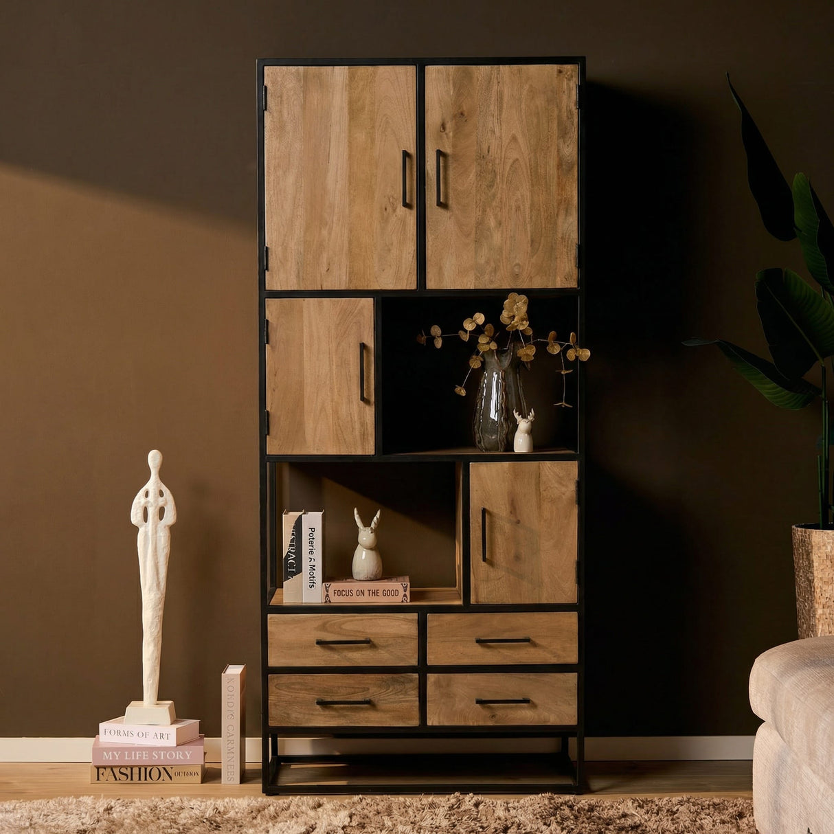 Vakkenkast - Naturel Mangohout - 90x200 cm - 4 Deuren, 4 Laden & 2 Open Vakken Storage Cabinets & Lockers Starfurn