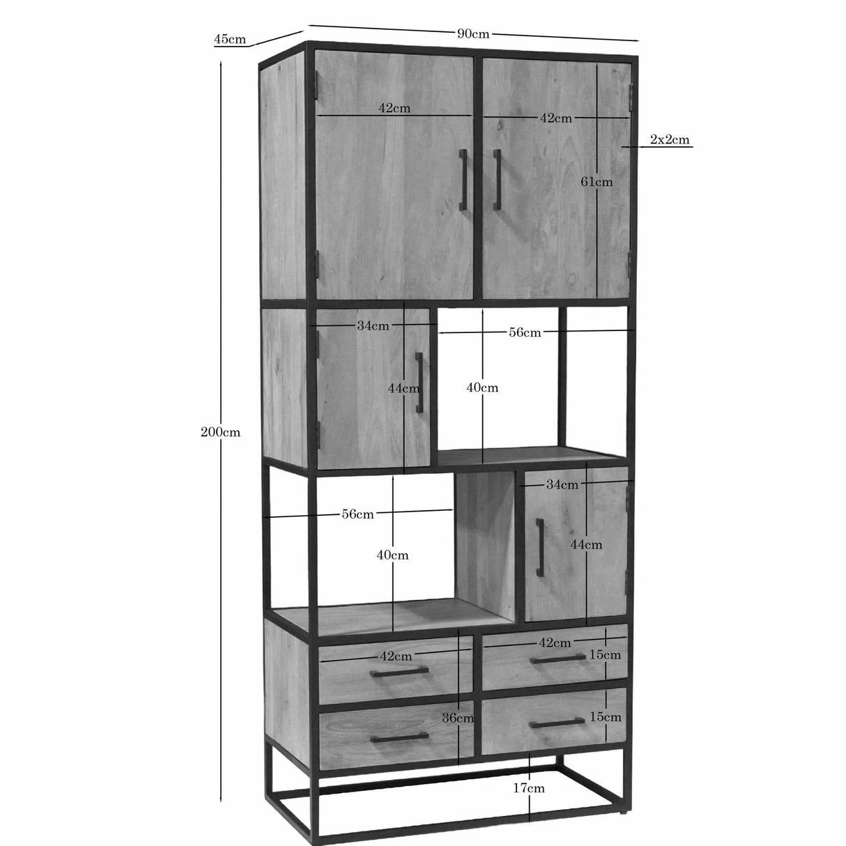 Vakkenkast - Naturel Mangohout - 90x200 cm - 4 Deuren, 4 Laden & 2 Open Vakken Storage Cabinets & Lockers Starfurn