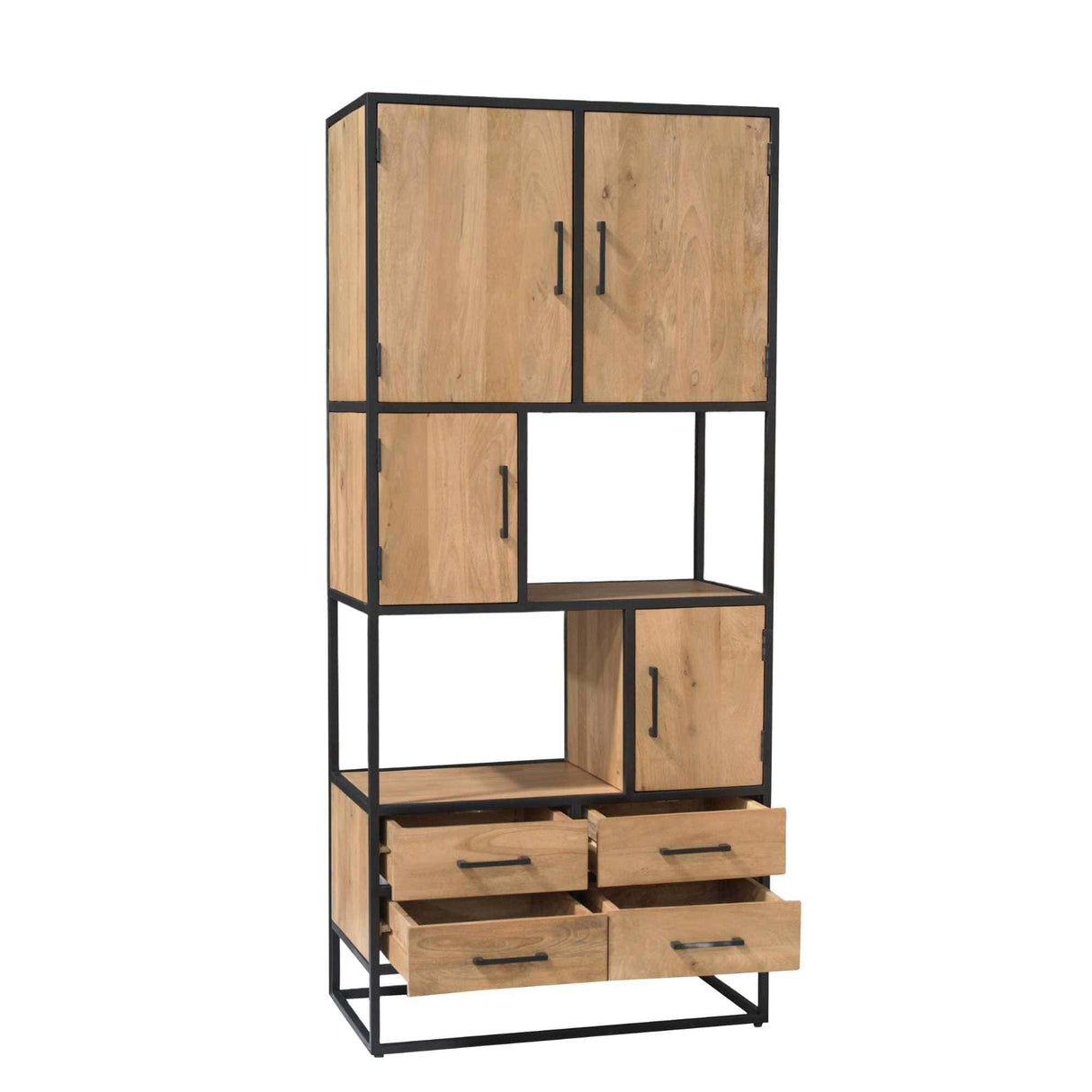 Vakkenkast - Naturel Mangohout - 90x200 cm - 4 Deuren, 4 Laden & 2 Open Vakken Storage Cabinets & Lockers Starfurn