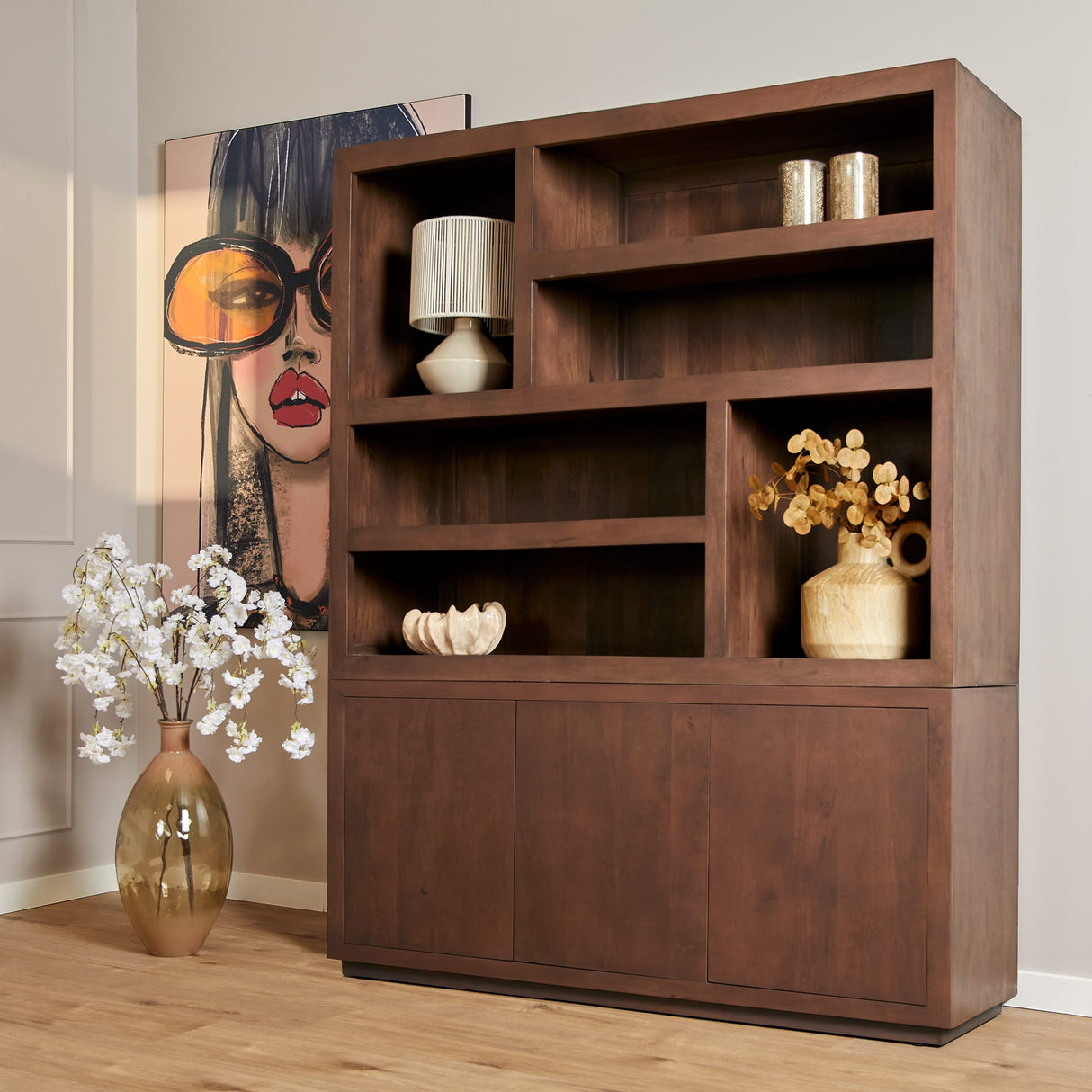 Vakkenkast XL - Bruin Mangohout - 160x200 cm - 3 Deuren & 7 Open Vakken Buffets Starfurn