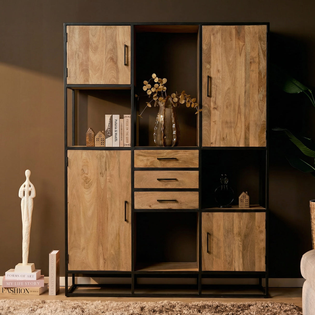 Vakkenkast XXL - Naturel Mangohout - 160x200 cm - 4 Deuren & 3 Laden Tall Display Cabinets Starfurn
