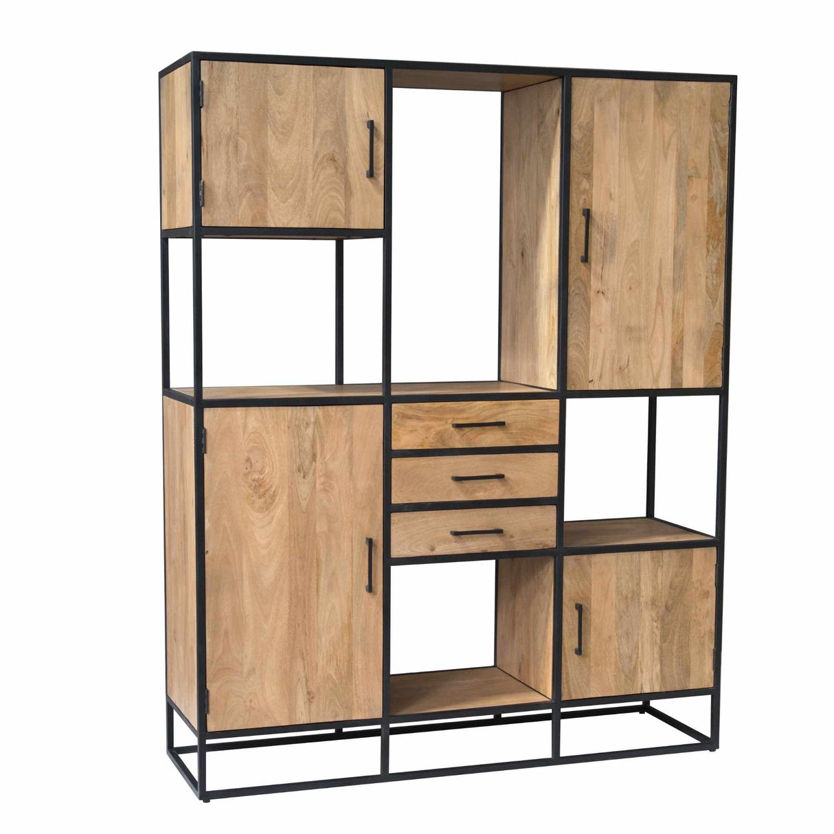 Vakkenkast XXL - Naturel Mangohout - 160x200 cm - 4 Deuren & 3 Laden Tall Display Cabinets Starfurn