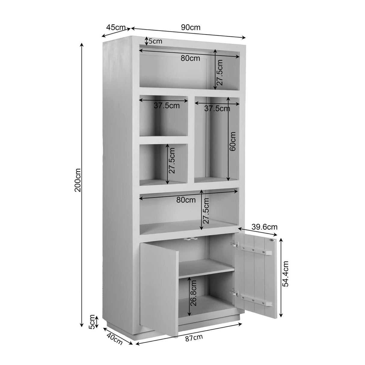 Vakkenkast - Zwart Mangohout - 90x200 cm - 2 Deuren & 5 Open Vakken Bookcases & Standing Shelves Starfurn