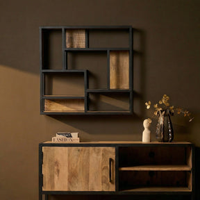Vierkant Wandrek - Naturel Mangohout - 75x75 cm - Industrieel Metalen Frame Floating Wall Shelves & Ledges Starfurn