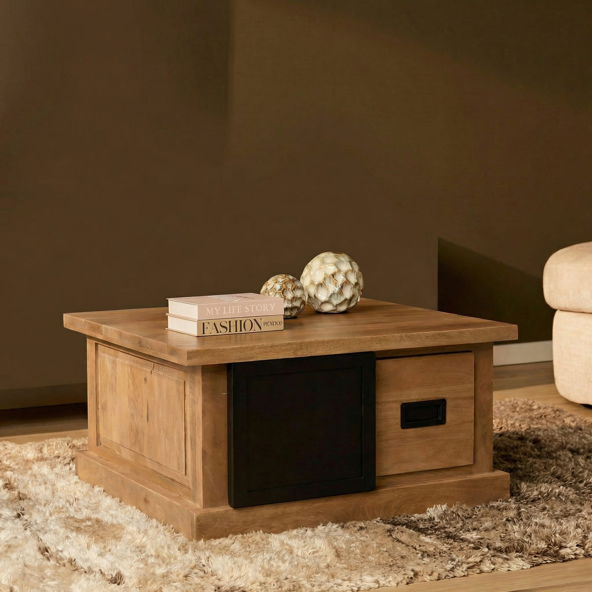 Vierkante Salontafel - Naturel Mangohout - 80x80 cm - Met Schuifdeuren en Lades Coffee Tables Starfurn