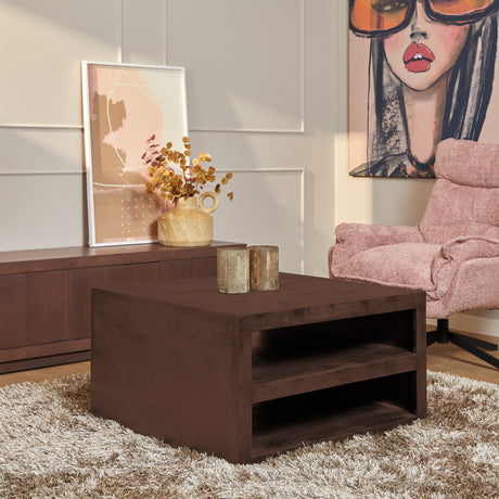 Vierkante salontafel van walnoot mangohout, 80 cm, modern blokdesign