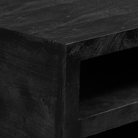 Vierkante zwarte salontafel van mangohout, 80 cm, modern blokdesign met dubbel opbergvak, foto 4