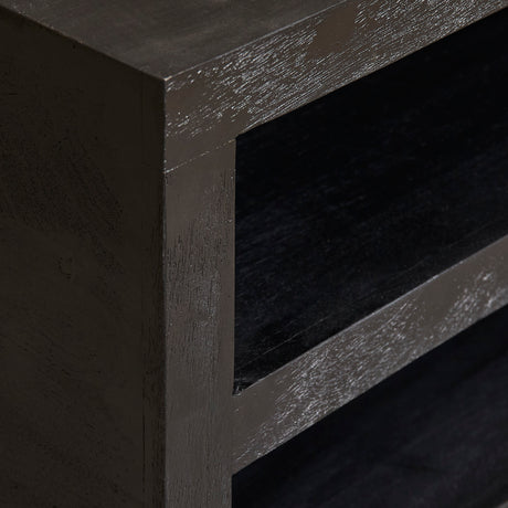 Vierkante zwarte salontafel van mangohout, 80 cm, modern blokdesign met dubbel opbergvak, foto 5