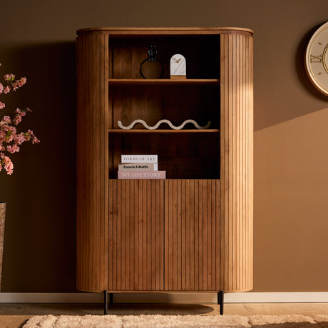 Naturel mangohouten wandkast met verticaal lattenpatroon, 115 cm breed