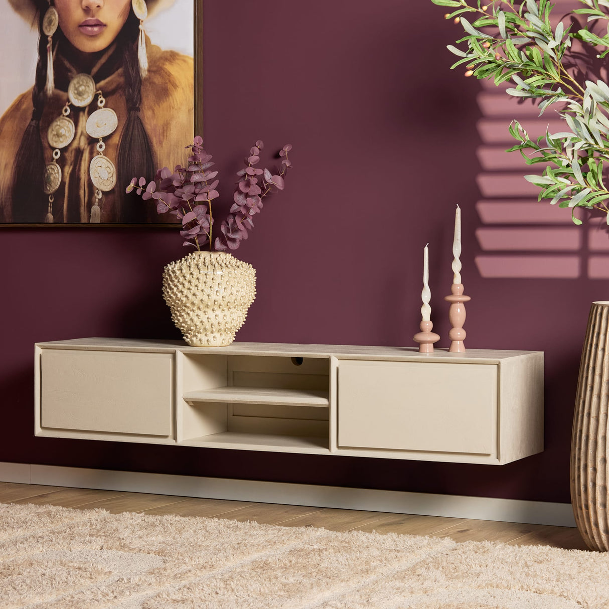 Zwevend Tv-meubel - Naturel Mangohout - 120 cm - 1 Lade & 2 Open Vakken Entertainment Centers & TV Stands Starfurn