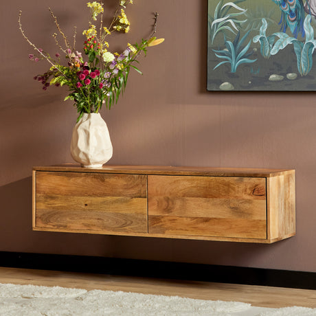 Zwevend tv-meubel van massief mangohout in naturel met greeploze deurtjes, 120 cm