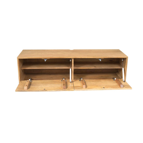 Zwevend tv-meubel van naturel mangohout met 2 deuren en push-to-open, 120 cm breed, foto 3