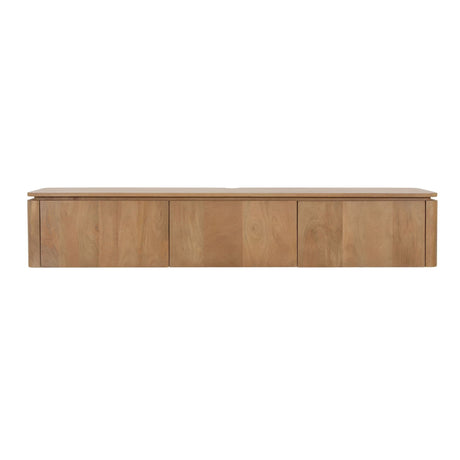 Zwevend tv-meubel van naturel mangohout met opbergvakken, 165 cm breed