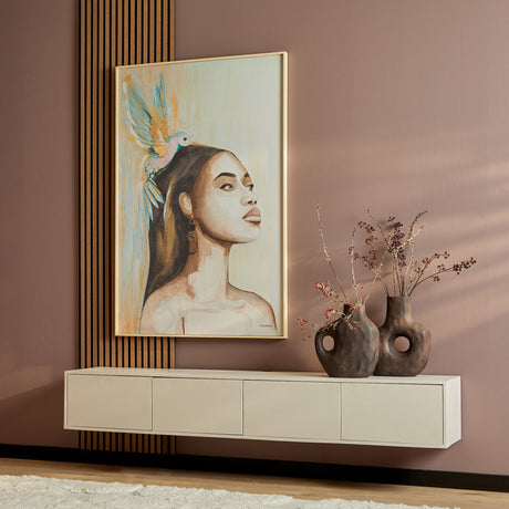 Zwevend tv-meubel van massief mangohout in zandkleur met greeploze deurtjes, 200 cm