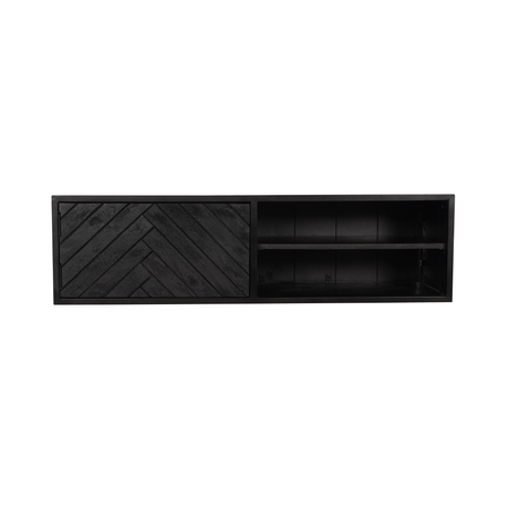Zwevend zwart tv-meubel van mangohout, 120 cm breed, met visgraatpatroon en open vakken