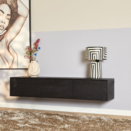 Zwevend tv-meubel van massief zwart mangohout met greeploze deurtjes, 160 cm